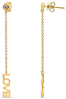 .09CT DIAMOND 14KT YELLOW GOLD CLASSIC ROUND SOLITAIRELOVE HANGING EARRINGS