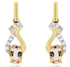 .90CT DIAMOND & AAA MORGANITE 14K YELLOW GOLD OVAL & ROUND LOVE HANGING EARRINGS