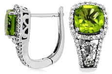 3.45CT DIAMOND & AAA PERIDOT 14KT WHITE GOLD CUSHION & ROUND LEVERBACK EARRINGS