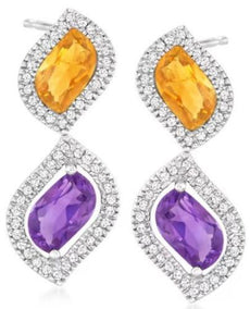 3.79CT DIAMOND & AAA CITRINE & AMETHYST 14KT WHITE GOLD DOUBLE LEAF FUN EARRINGS