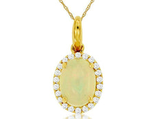 1.04CT DIAMOND & AAA OPAL 14KT YELLOW GOLD 3D OVAL & ROUND HALO FLOATING PENDANT
