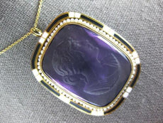 ANTIQUE 100CT AAA HAND ETCHED AMETHYST & PEARL 14KT YELLOW GOLD PENDANT BROOCH