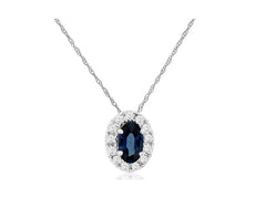 .38CT DIAMOND & AAA SAPPHIRE 14KT WHITE GOLD OVAL FLOWER HALO FLOATING PENDANT