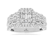 .97CT DIAMOND 14KT WHITE GOLD PRINCESS & BAGUETTE HALO FILIGREE ANNIVERSARY RING