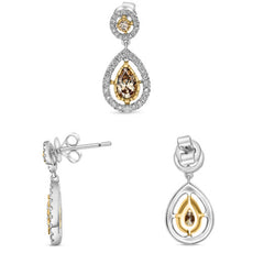 1.76CT WHITE & MOCHA DIAMOND 18K 2 TONE GOLD PEAR SHAPE & ROUND HANGING EARRINGS