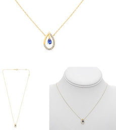 .26CT DIAMOND & AAA SAPPHIRE 14K YELLOW GOLD 3D PEAR SHAPE & ROUND LOVE NECKLACE