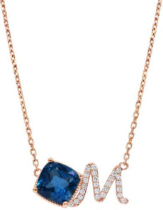 1.68CT DIAMOND & AAA LONDON BLUE TOPAZ 18K ROSE GOLD 3D CUSHION & ROUND NECKLACE