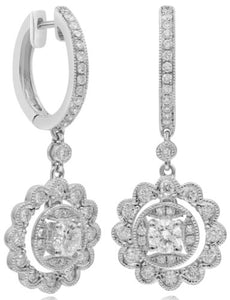 1.11CT DIAMOND 14KT WHITE GOLD ROUND FLOWER FILIGREE FUN HUGGIE HANGING EARRINGS
