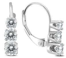 1.0CT DIAMOND 14KT WHITE GOLD CLASSIC 3 STONE JOURNEY LEVERBACK HANGING EARRINGS