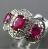 ESTATE LARGE 2.25CT DIAMOND & AAA RUBY 18K WHITE GOLD 3 STONE HALO MILGRAIN RING