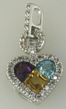 .95CT DIAMOND & AAA MULTI GEM 14K WHITE GOLD 3D HEART LOVE KNOT FLOATING PENDANT