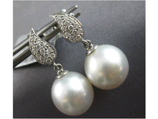 ESTATE .22CT DIAMOND & AAA SOUTH SEA PEARL 18K WHITE GOLD LEAF HANGING EARRINGS