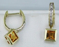 .99CT DIAMOND & AAA CITRINE 14K YELLOW GOLD 3D PRINCESS & ROUND HANGING EARRINGS
