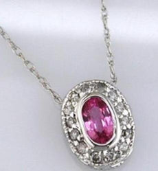 .42CT DIAMOND & AAA PINK SAPPHIRE 14K WHITE GOLD OVAL & ROUND SEMI BEZEL PENDANT