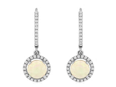 1.26CT DIAMOND & AAA OPAL 14KT WHITE GOLD ROUND HALO LEVERBACK HANGING EARRINGS