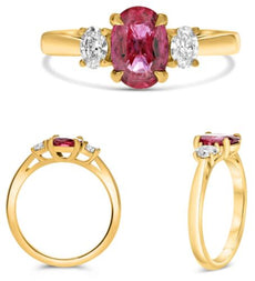 1.50CT DIAMOND & AAA RUBY 18KT YELLOW GOLD OVAL 3 STONE CLASSIC ENGAGEMENT RING