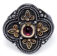 AAA GARNET 18K YELLOW GOLD & 925 SILVER HANDCRAFTED FILIGREE FLORAL CROSS RING