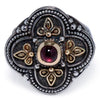 AAA GARNET 18K YELLOW GOLD & 925 SILVER HANDCRAFTED FILIGREE FLORAL CROSS RING