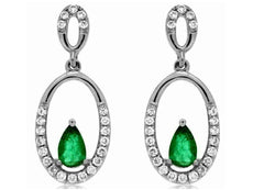 .62CT DIAMOND & AAA EMERALD 14KT WHITE GOLD 3D TEAR DROP OVAL HANGING EARRINGS