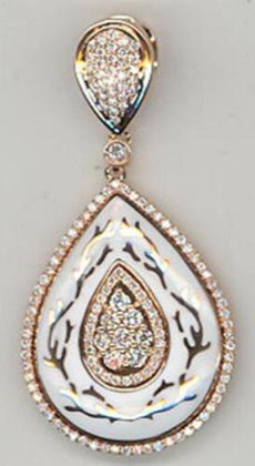 .63CT DIAMOND & AAA WHITE ENAMEL 18K ROSE GOLD 3D TEAR DROP FUN FLOATING PENDANT