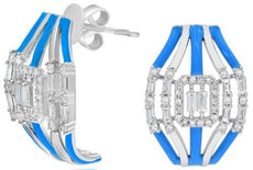 WIDE .75CT DIAMOND & BLUE ENAMEL 14K WHITE GOLD 3D ROUND & BAGUETTE FUN EARRINGS