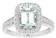 1.92CT DIAMOND & AAA AQUAMARINE 14KT WHITE GOLD EMERALD CUT HALO ENGAGEMENT RING