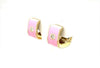 .06CT DIAMOND & PINK ENAMEL 18KT YELLOW GOLD 3D SQUARE HUGGIE HANGING EARRINGS