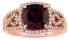 3CT DIAMOND & AAA RHODOLITE 14KT ROSE GOLD CUSHION & ROUND SQUARE HALO LOVE RING