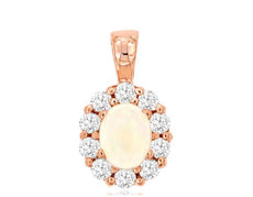.40CT DIAMOND & AAA OPAL 14K ROSE GOLD OVAL & ROUND HALO FLOWER FLOATING PENDANT