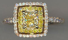 1.18CT WHITE & FANCY YELLOW DIAMOND 18KT 2 TONE GOLD DOUBLE HALO ENGAGEMENT RING