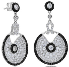 LARGE 3.36CT WHITE & BLACK DIAMOND 18KT WHITE GOLD CIRCULAR FUN HANGING EARRINGS