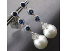 ESTATE LARGE 3.06CT DIAMOND & AAA SAPPHIRE & SOUTH SEA PEARL 18KT WHITE GOLD EARRINGS
