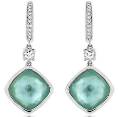 13.08CT DIAMOND & AAA BLUE TOPAZ 14K WHITE GOLD CUSHION & ROUND HANGING EARRINGS