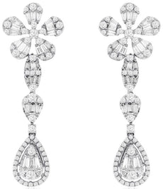 1.72CT DIAMOND 14KT WHITE GOLD 3D CLUSTER FLOWER TEAR DROP HALO HANGING EARRINGS
