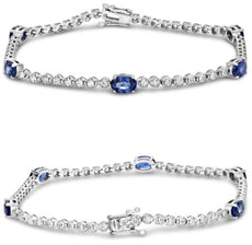 4.0CT DIAMOND & AAA SAPPHIRE 18K WHITE GOLD OVAL & ROUND CLASSIC TENNIS BRACELET
