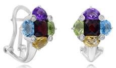 4.43CT DIAMOND & AAA MULTI GEM 14K WHITE GOLD 3D FLOWER CLIP ON HANGING EARRINGS