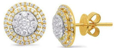 ESTATE .86CT DIAMOND 14KT 2 TONE GOLD FLOWER DOUBLE HALO CLASSIC STUD EARRINGS