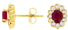 1.13CT DIAMOND & AAA RUBY 14KT YELLOW GOLD OVAL SEMI BEZEL FLOWER STUD EARRINGS