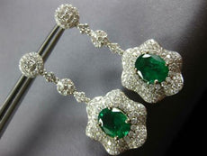 ESTATE EXTRA LARGE 10.14CT DIAMOND & AAA EMERALD 18K WHITE GOLD HANGING EARRINGS