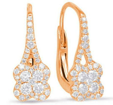 .58CT DIAMOND 14KT ROSE GOLD 3D 4 LEAF CLOVER FLOWER LEVERBACK HANGING EARRINGS