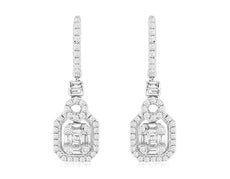 .70CT DIAMOND 14K WHITE GOLD ROUND & BAGUETTE OCTAGON LEVERBACK HANGING EARRINGS