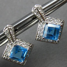 1.82CT DIAMOND & AAA BLUE TOPAZ 14K WHITE GOLD PRINCESS & ROUND HANGING EARRINGS