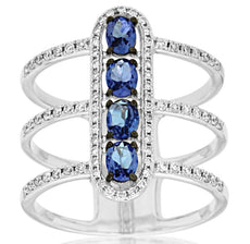 1.07CT DIAMOND & AAA TANZANITE 14KT WHITE BLACK GOLD OVAL & ROUND 3 ROW BAR RING