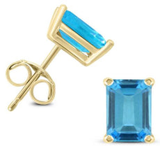 ESTATE .60CT AAA BLUE TOPAZ 14KT YELLOW GOLD EMERALD CUT SOLITAIRE STUD EARRINGS