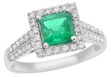 1.47CT DIAMOND & AAA EMERALD 14KT WHITE GOLD SQUARE HALO CLASSIC ENGAGEMENT RING