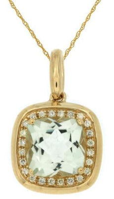 1.43CT DIAMOND & AAA GREEN AMETHYST 14KT YELLOW GOLD 3D CUSHION & ROUND PENDANT
