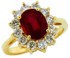 3.30CT DIAMOND & AAA RUBY 14KT YELLOW GOLD CLASSIC OVAL & ROUND FLOWER FUN RING