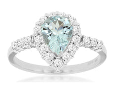 1.35CT DIAMOND & AAA AQUAMARINE 14KT WHITE GOLD PEAR SHAPE HALO ENGAGEMENT RING