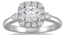 1.5CT DIAMOND 14K WHITE GOLD CUSHION & ROUND 3 STONE SQUARE HALO ENGAGEMENT RING