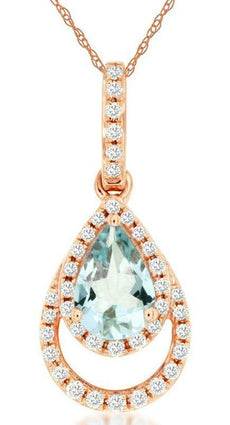 .46CT DIAMOND & AAA AQUAMARINE 14K ROSE GOLD PEAR SHAPE & ROUND FLOATING PENDANT